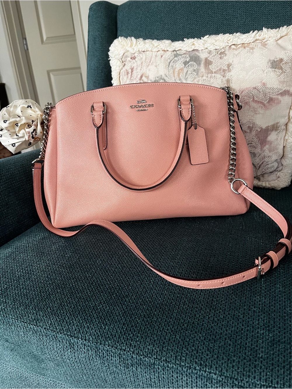 Coach Pink Pebbled Leather Satchel Crossbody with Chain Strap